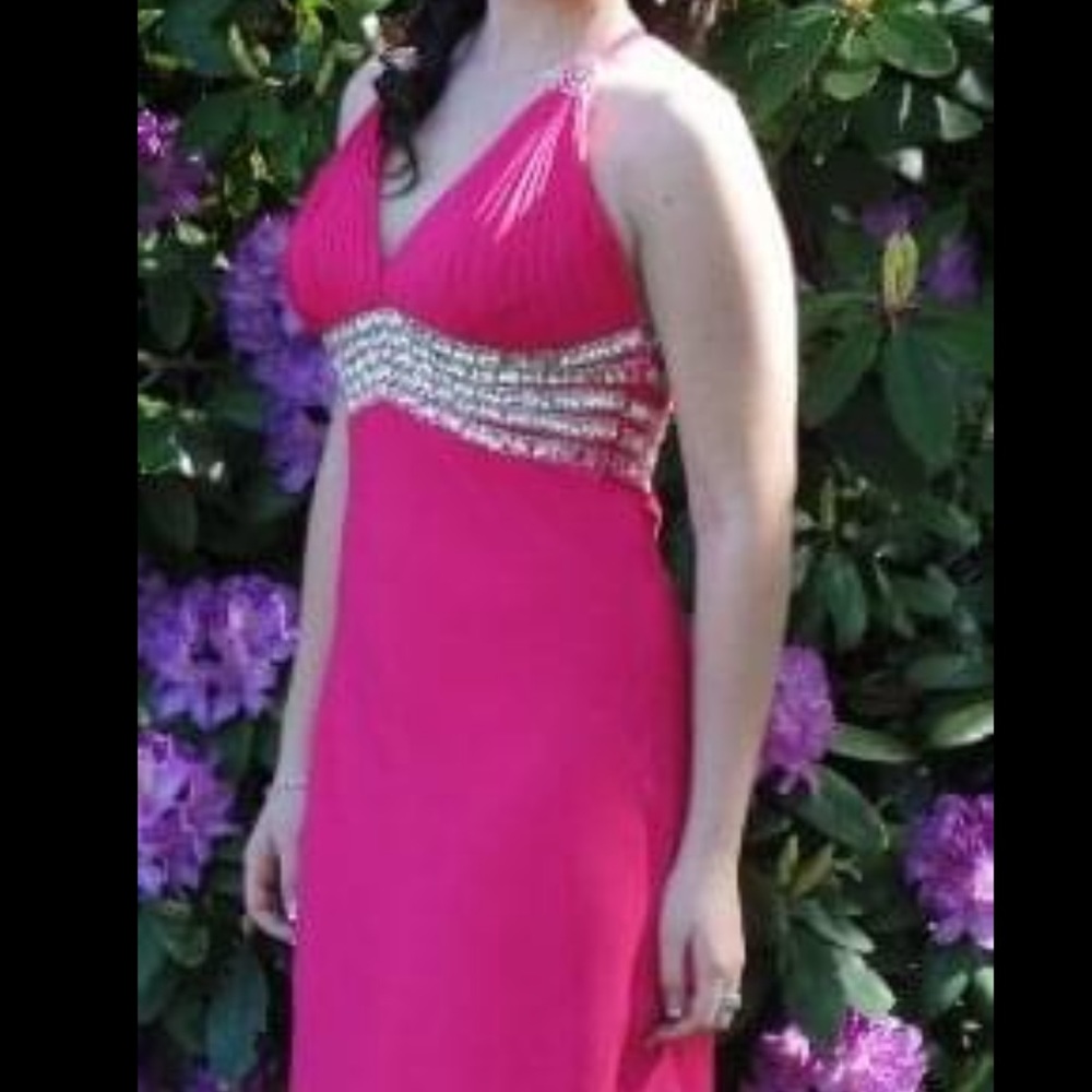 Pink floor length prom dress with jewel detail